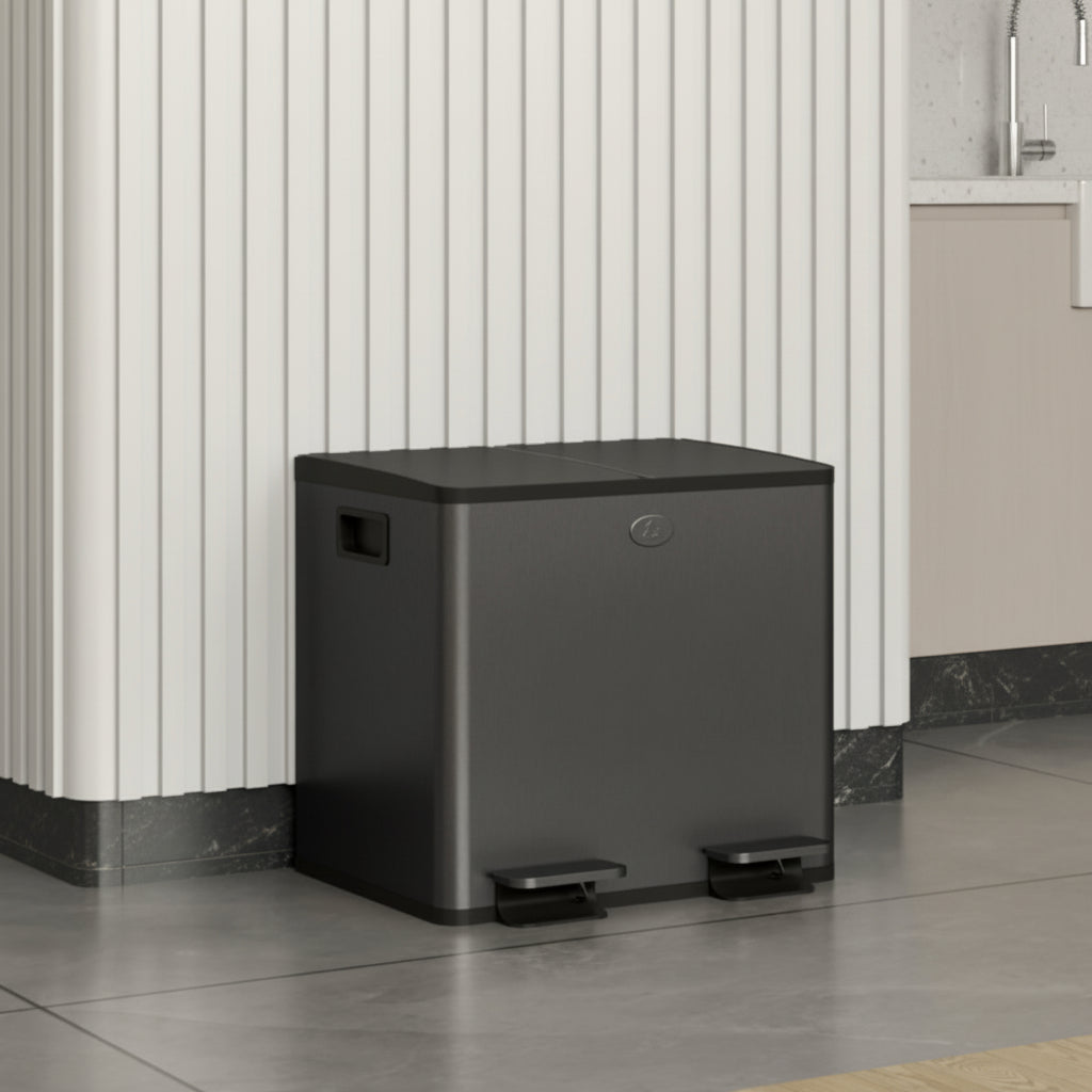 Poubelle tri sélectif 2 bacs 15L inox noir EcoBlack Duo30L