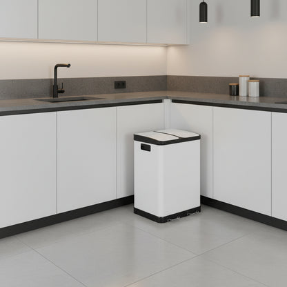 Poubelle tri selectif 2 compartiments blanc silencieuse pédale RecyWhite60L