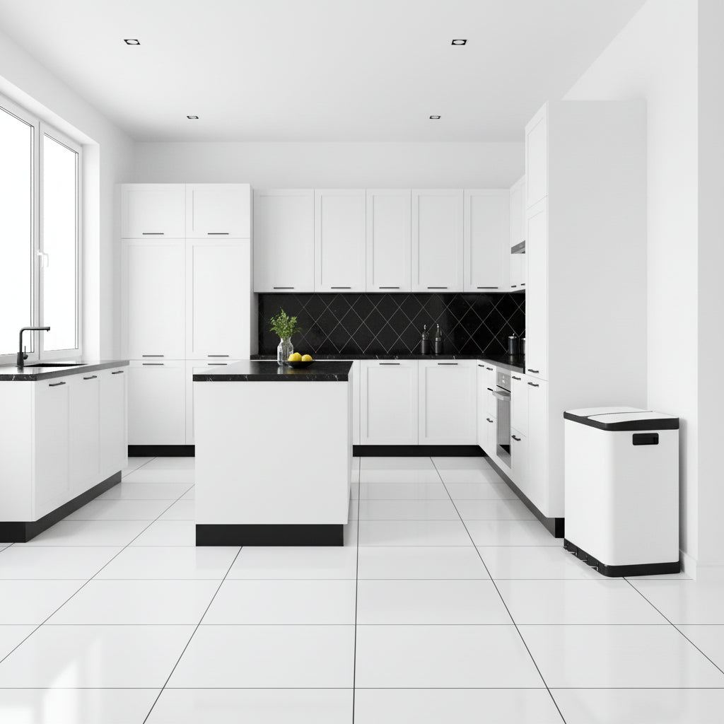 Poubelle tri selectif 2 compartiments séparés élégante blanche RecyWhite 60L