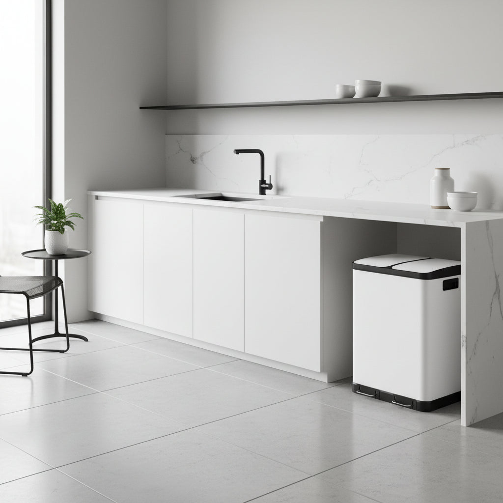 Poubelle tri selectif cuisine design acier inoxydable moderne RecyWhite60L