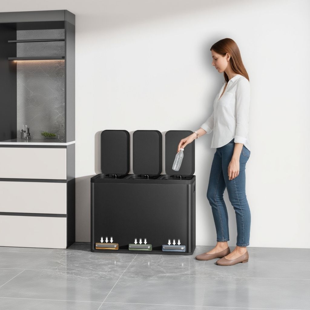 Poubelle tri selectif femme garde cuisine rangee hygiénique TripleCleanLight