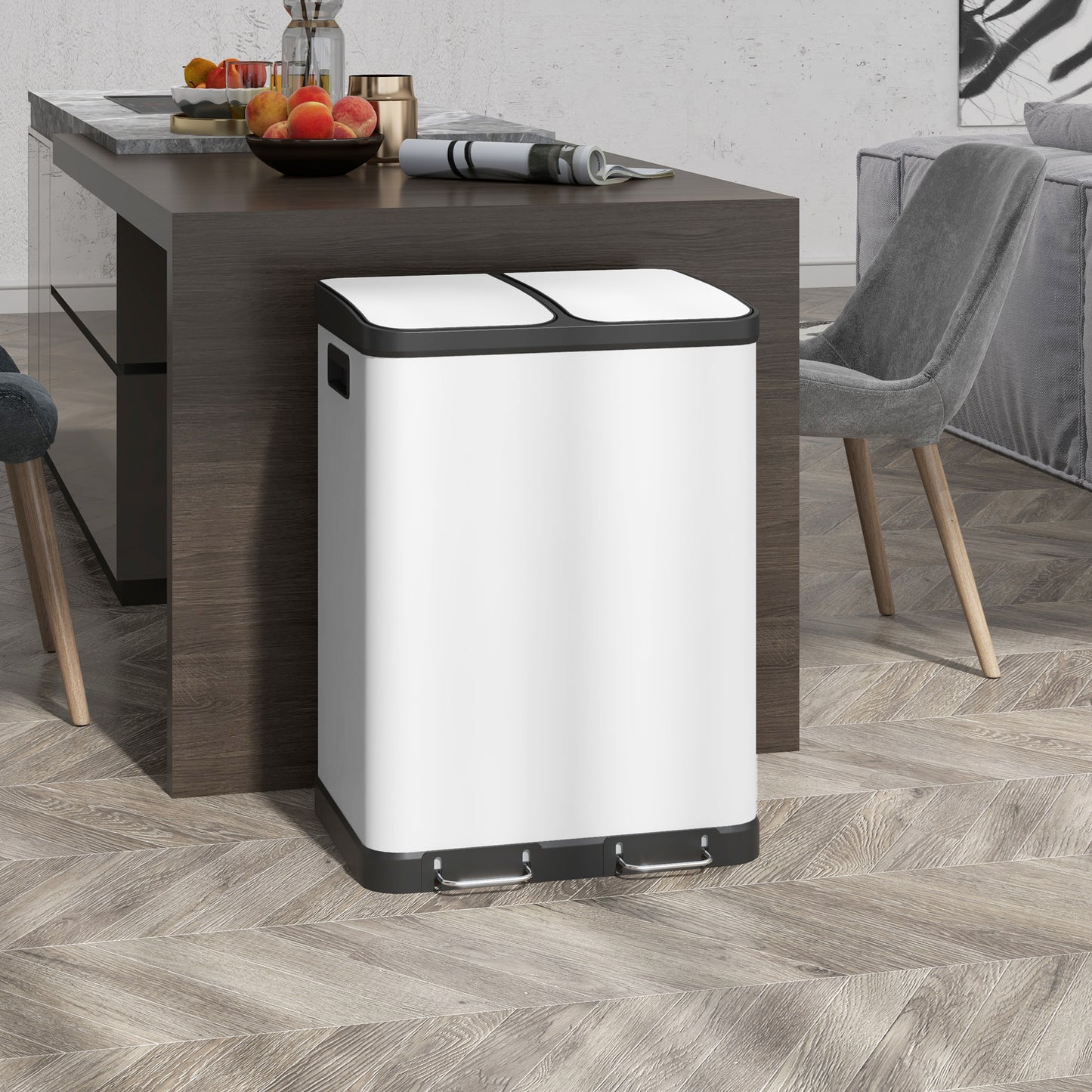 Poubelle tri selectif hygiénique sans contact métal robuste RecyWhite 60L
