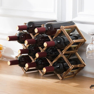 Range bouteille en bois pliable finition carbonée décoratif dix bouteilles