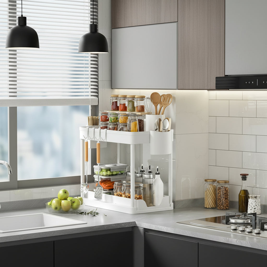 Range epices tiroirs blanc coulissant pots visibles accessibles glissrack 2niveaux