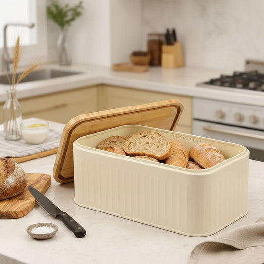 Range pain métal beige plateau bambou multifonction BambuSeal