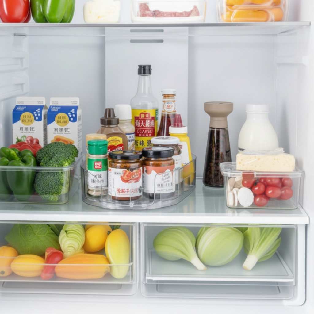 rangement bouteille frigo rotatif transparent Spinova