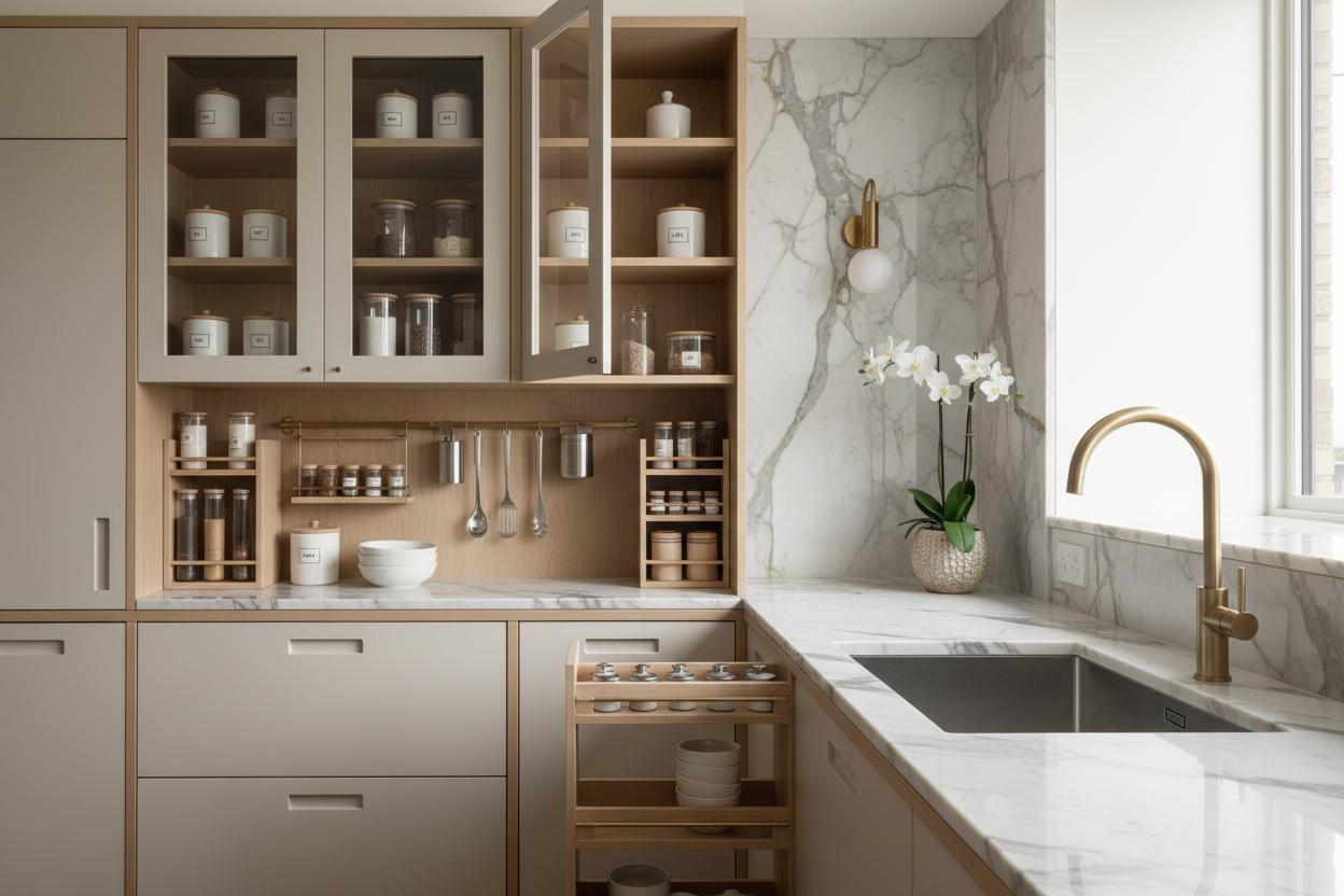 cuisine rangée optimisée avec étagères et tiroirs bien organisés