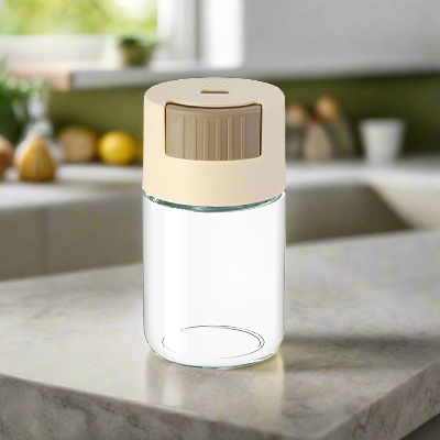 rangement épices coloré beige en verre avec dosage épicéa pastel