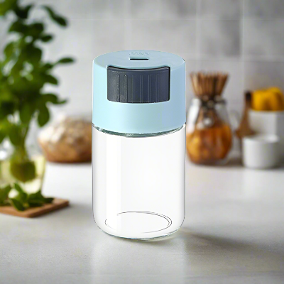 rangement épices coloré bleu en verre avec dosage épicéa pastel