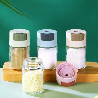 rangement épices coloré en verre avec dosage épicéa pastel