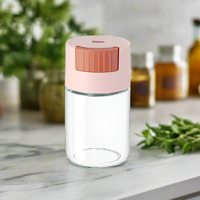rangement épices coloré rose en verre avec dosage épicéa pastel