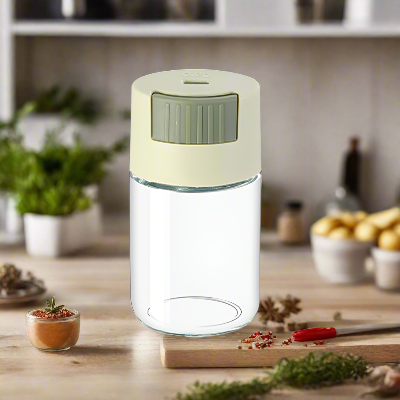 rangement épices coloré vert en verre avec dosage épicéa pastel