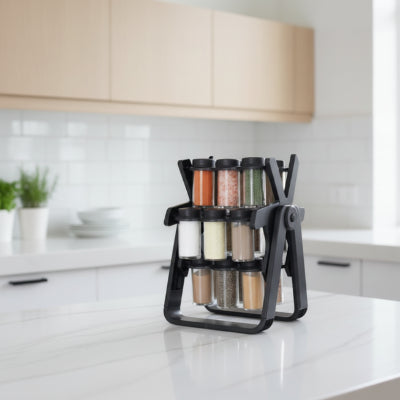 rangement epices cuisine style roue noir avec pots en verre epiceleste