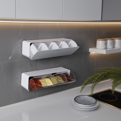 rangement epices mural fixation adhesive plastique alimentaire 4 compartiments SeasoningBox