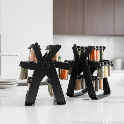 rangement epices verre et plastique noir design compact rotatif epiceleste