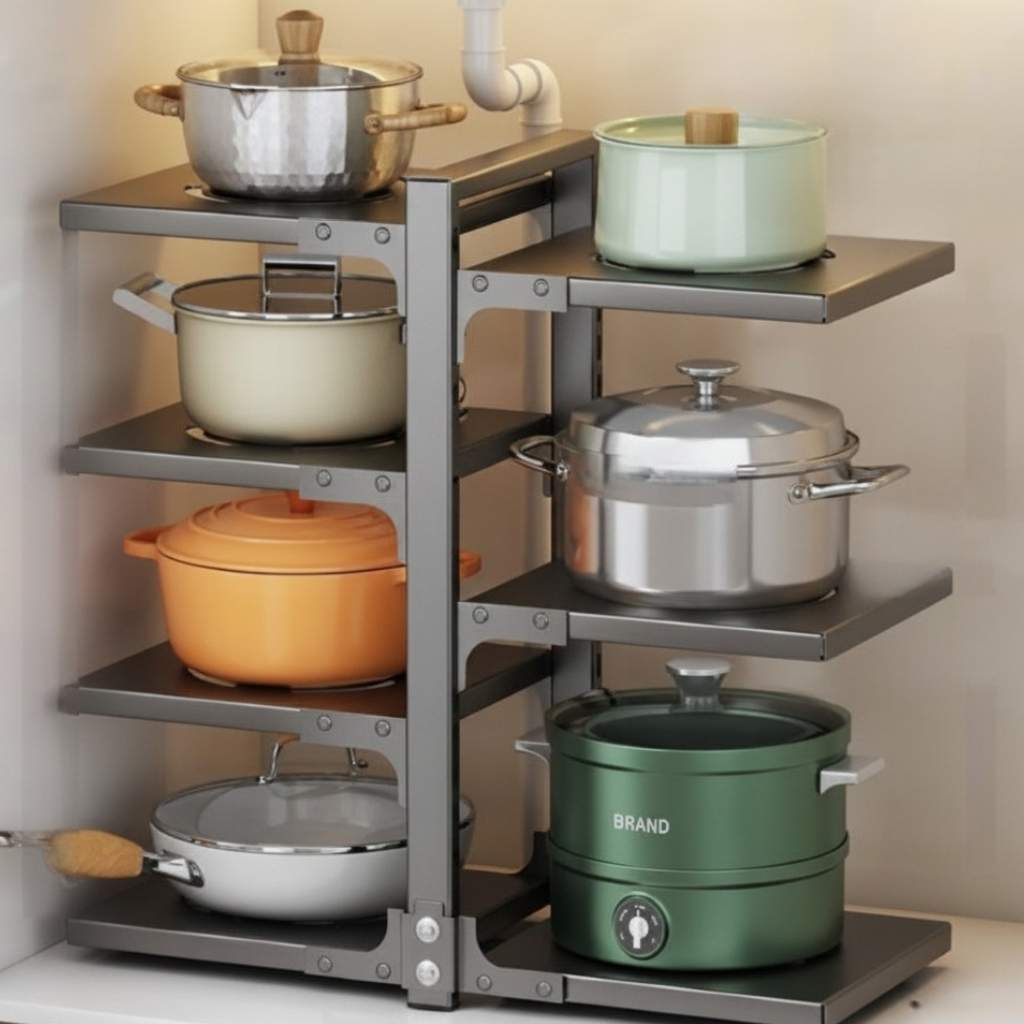 rangement poele et casserole reglable etageres reparties droite gauche gris