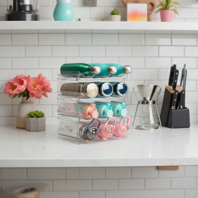 rangement pour bouteille empilable transparent 4 niveaux rempli