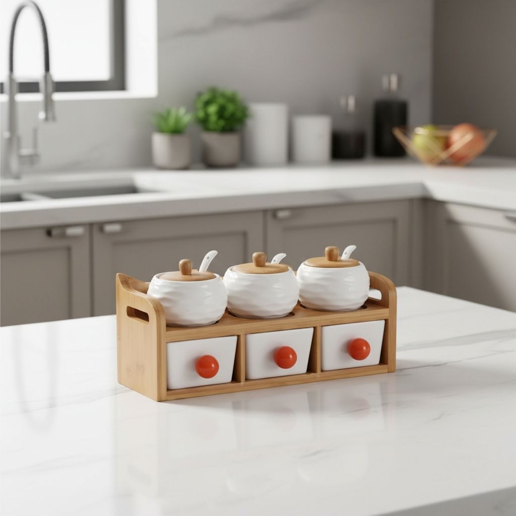 rangement pour epice ceramique blanche couvercle bambou 2niveaux poignee orange