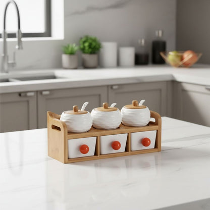 rangement pour epice ceramique blanche couvercle bambou 2niveaux poignee orange