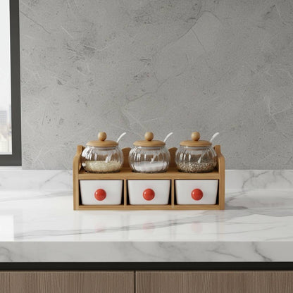 rangement pour epice verre transparent couvercle bambou 2niveaux poignee orange