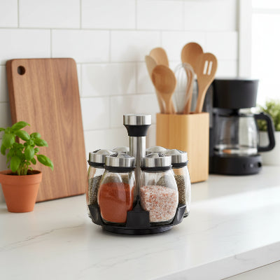 rangement pour épices acier inoxydable verre sur comptoir roue daromates