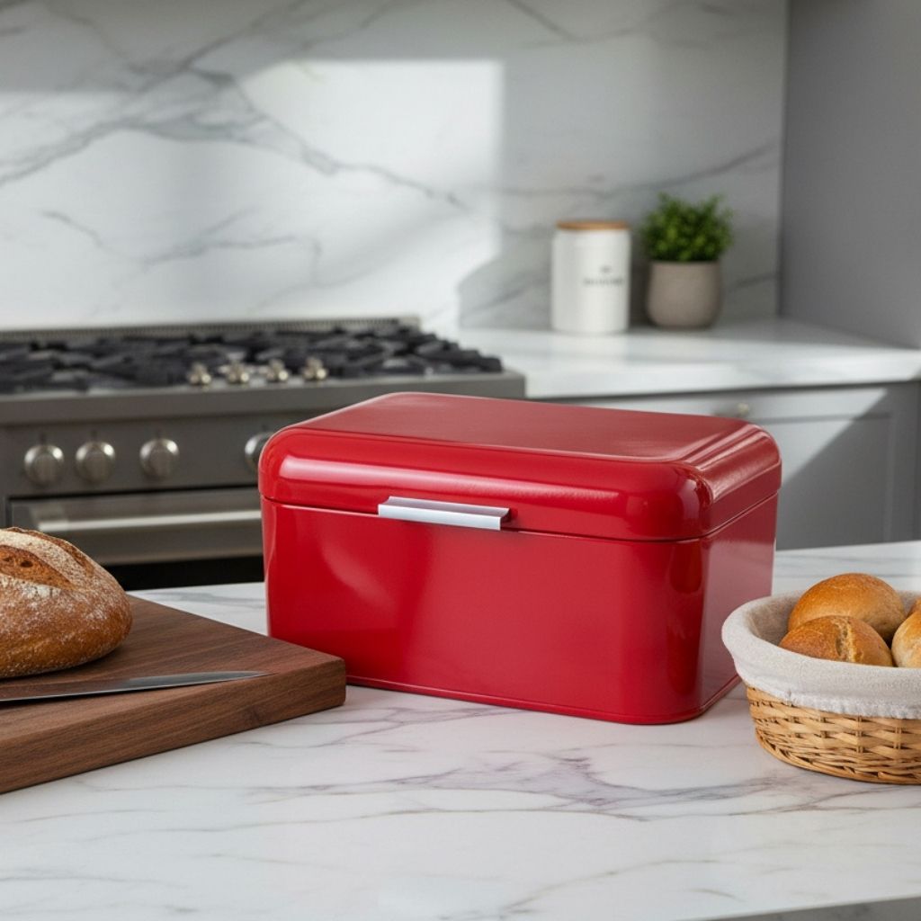 Rangement pour le pain rectangulaire compact rouge cuisine organisée Breadoria