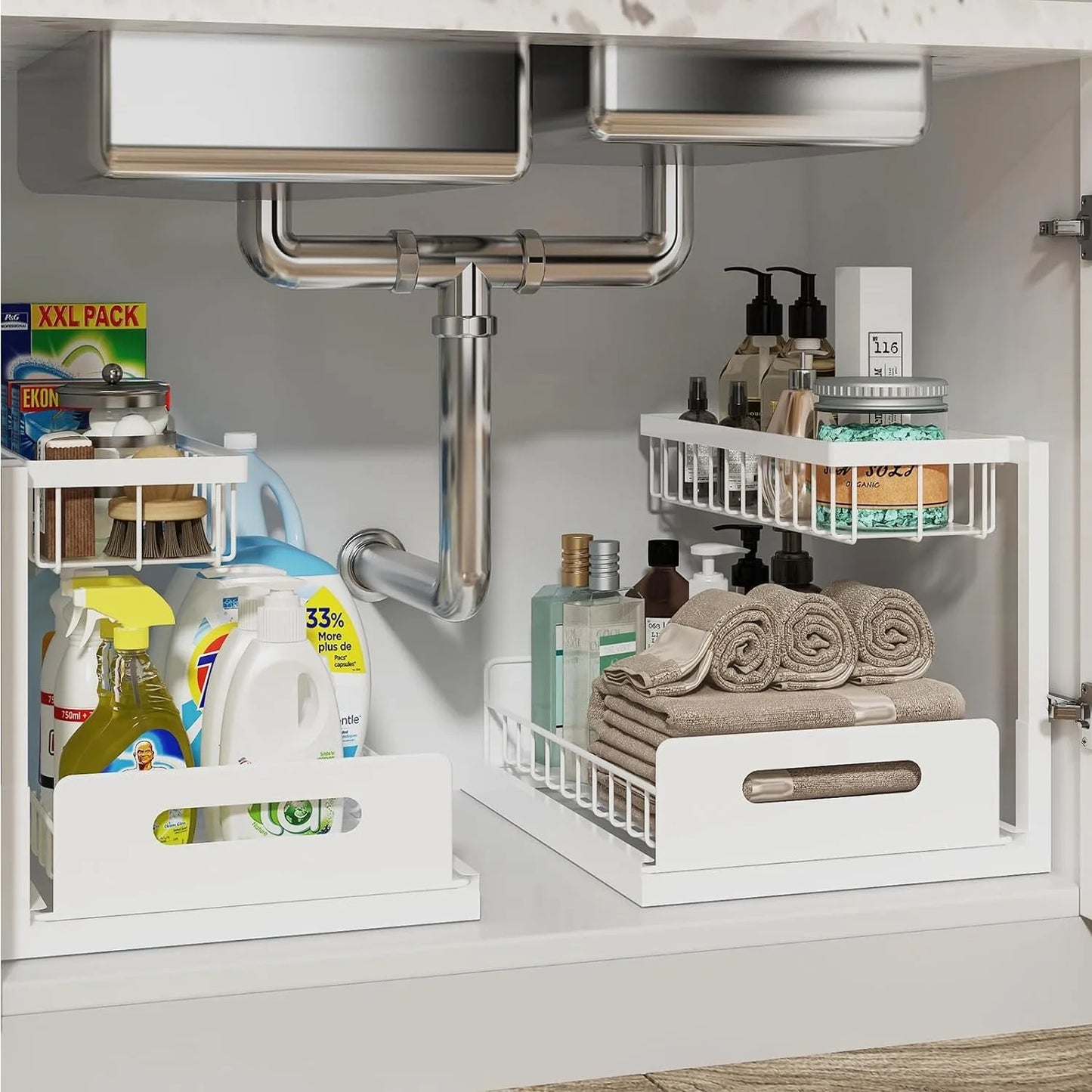 Rangement sous evier acier carbone blanc lumineux DualSlide