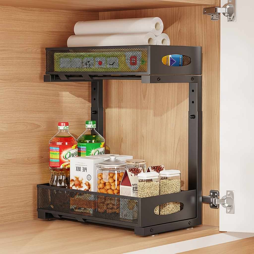 Rangement sous évier coulissant 2 niveaux 25 kg noir SpaceSaver