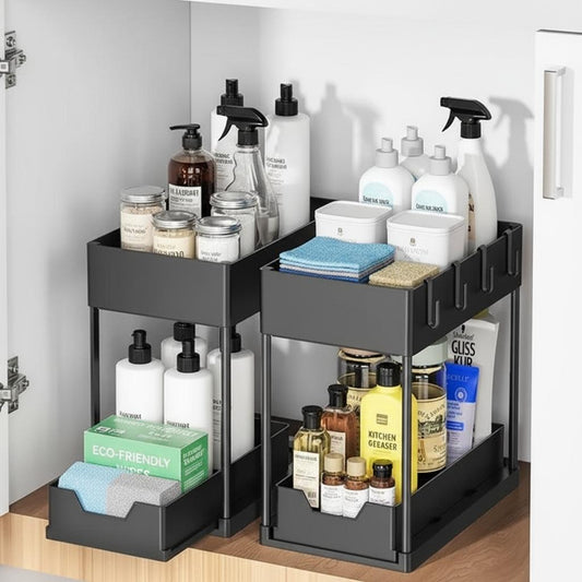 Rangement sous evier coulissant 2 niveaux noir extractible OptiSous