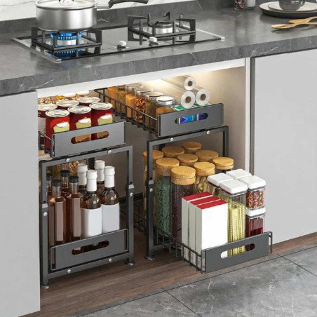 Rangement sous evier coulissant double niveau ouvert acces instantane Rackora