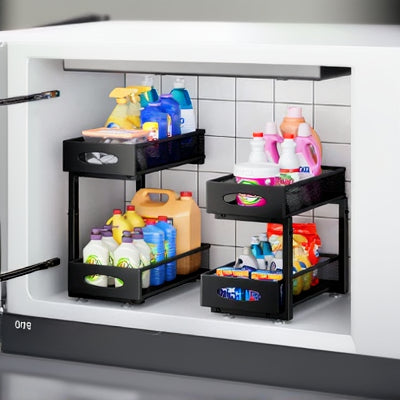 Rangement sous évier coulissant vue de face noir deux paniers SpaceSaver
