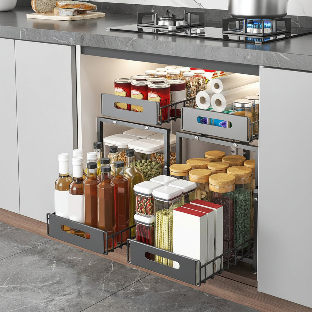 Rangement sous evier rails silencieux ouverture fluide Rackora