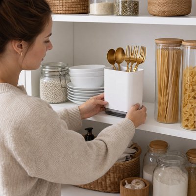 Rangement ustensiles cuisine femme raange dans placard Culinéo