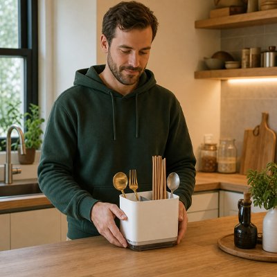 Rangement ustensiles cuisine homme admire plan de travail rangé Culinéo