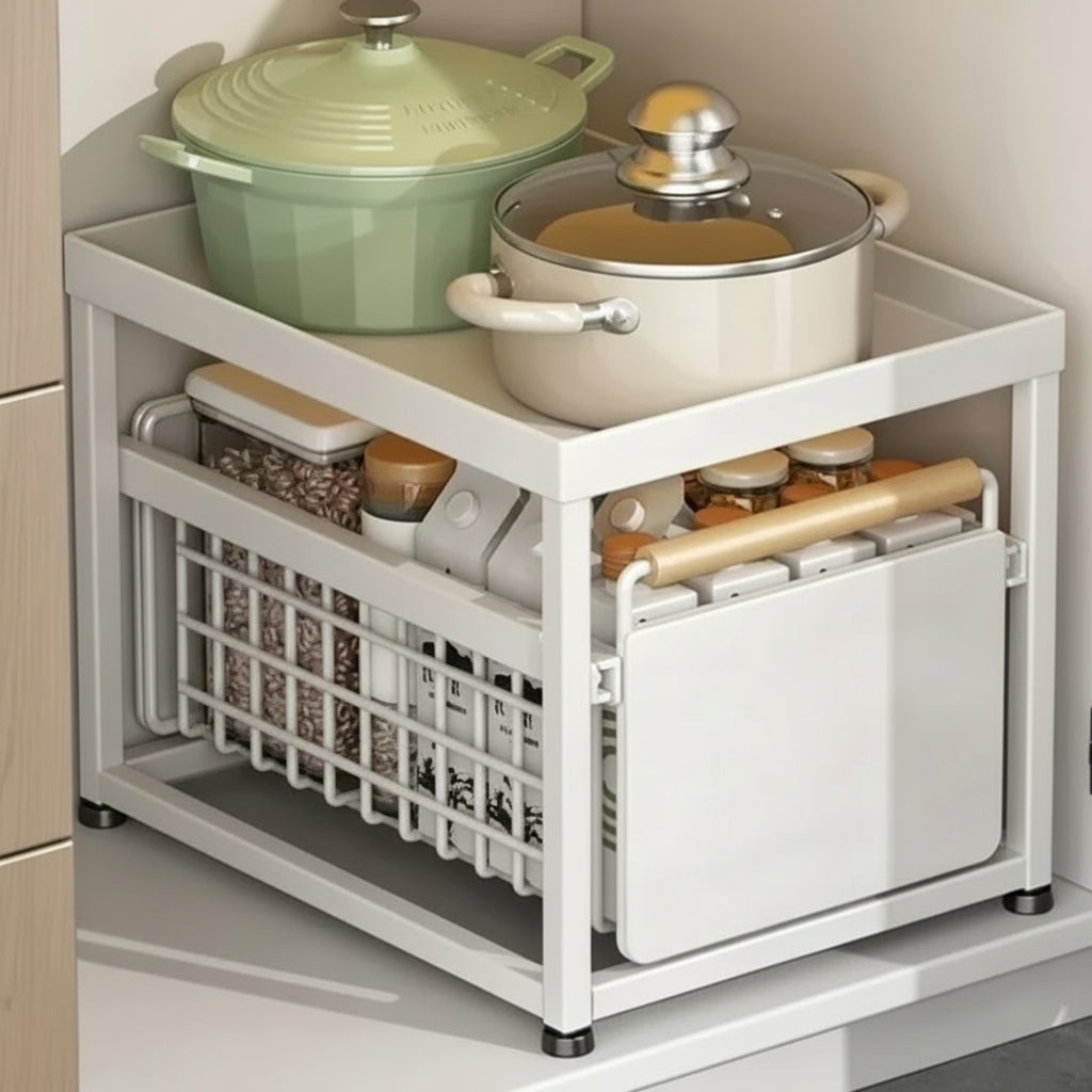 Rangements sous evier vue de face blanc deux niveaux Organexia