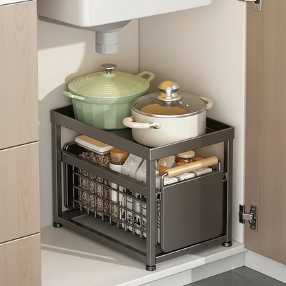 Rangements sous evier vue de face gris deux niveaux Organexia