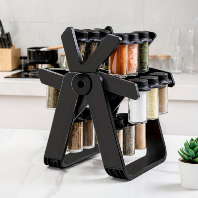 support à épices rotatif avec bocaux en verre noir compact