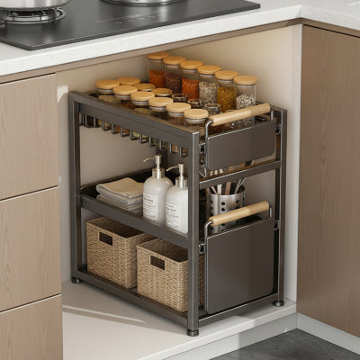 Tiroir coulissant acier gris double niveau facilite acces objets StoreSlide