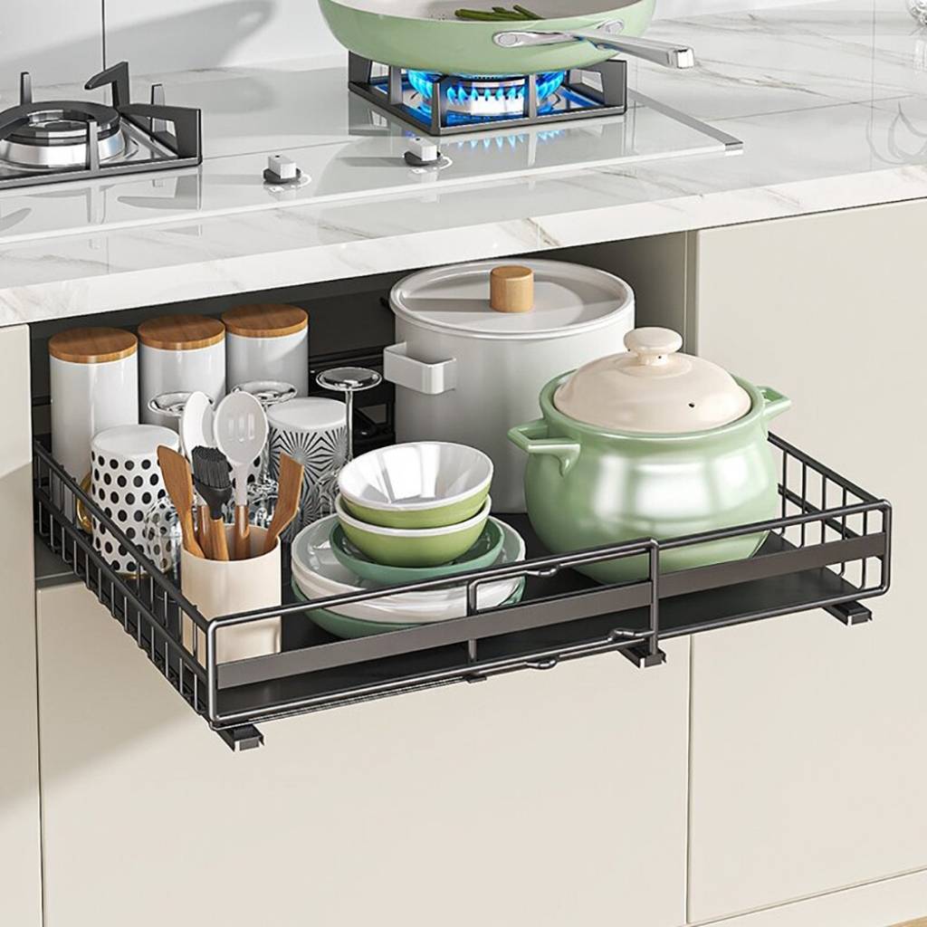 tiroir coulissant placard noir casseroles bocaux accessibles sans effort ExtendPlacard