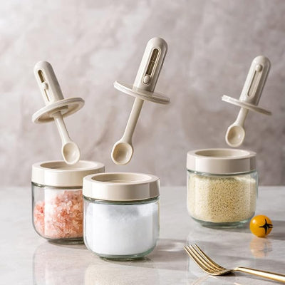 trois pot à epices verre blancs cuillère intégrée